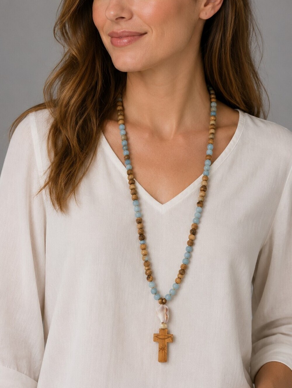HANDMADE Jasper and Blue Quartz Beaded Shell Olive Wood Cross Prayer Rope